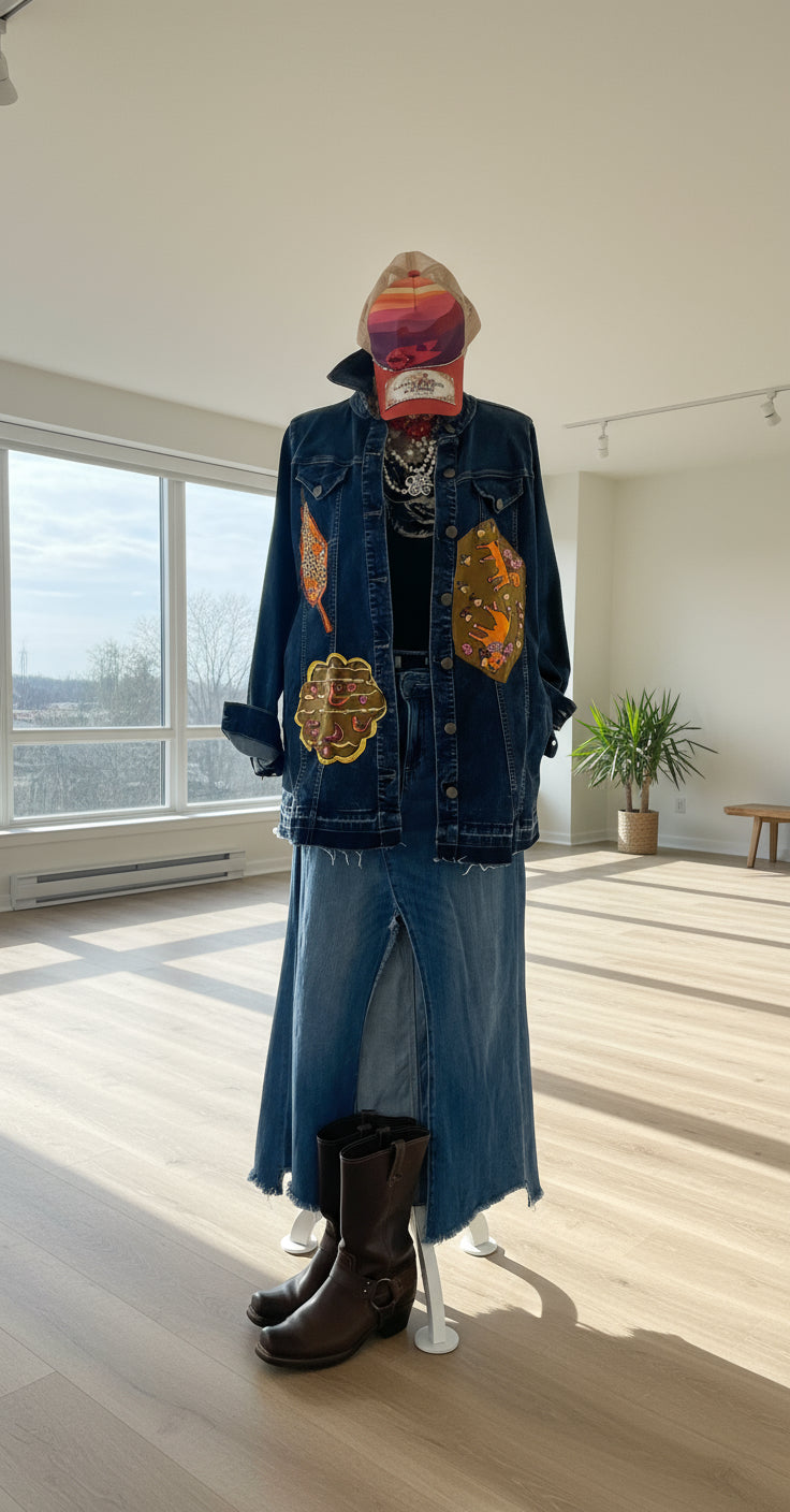 Mannequin wearing a denim jacket with floral patches, black shirt, blue jeans, and brown boots in front of a white door.