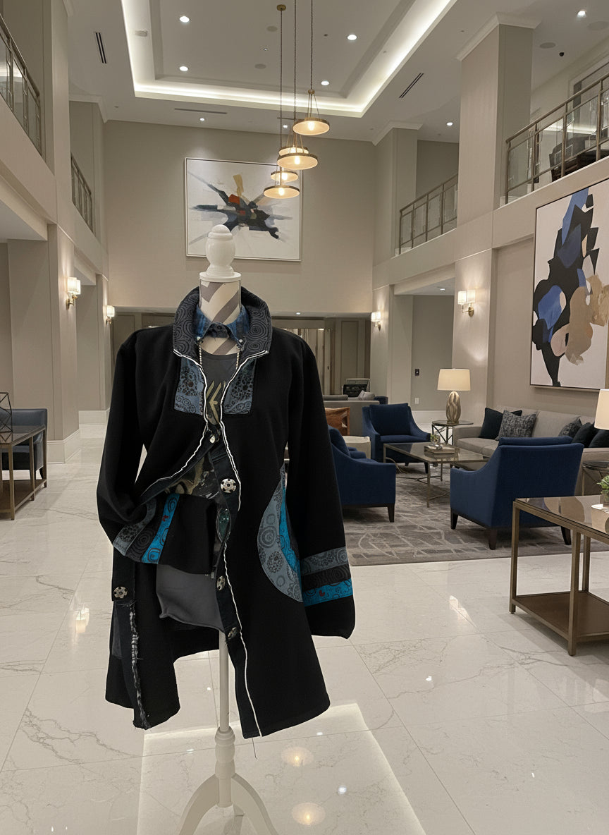 Black garment with blue and gray pattern on a mannequin against a checkered background