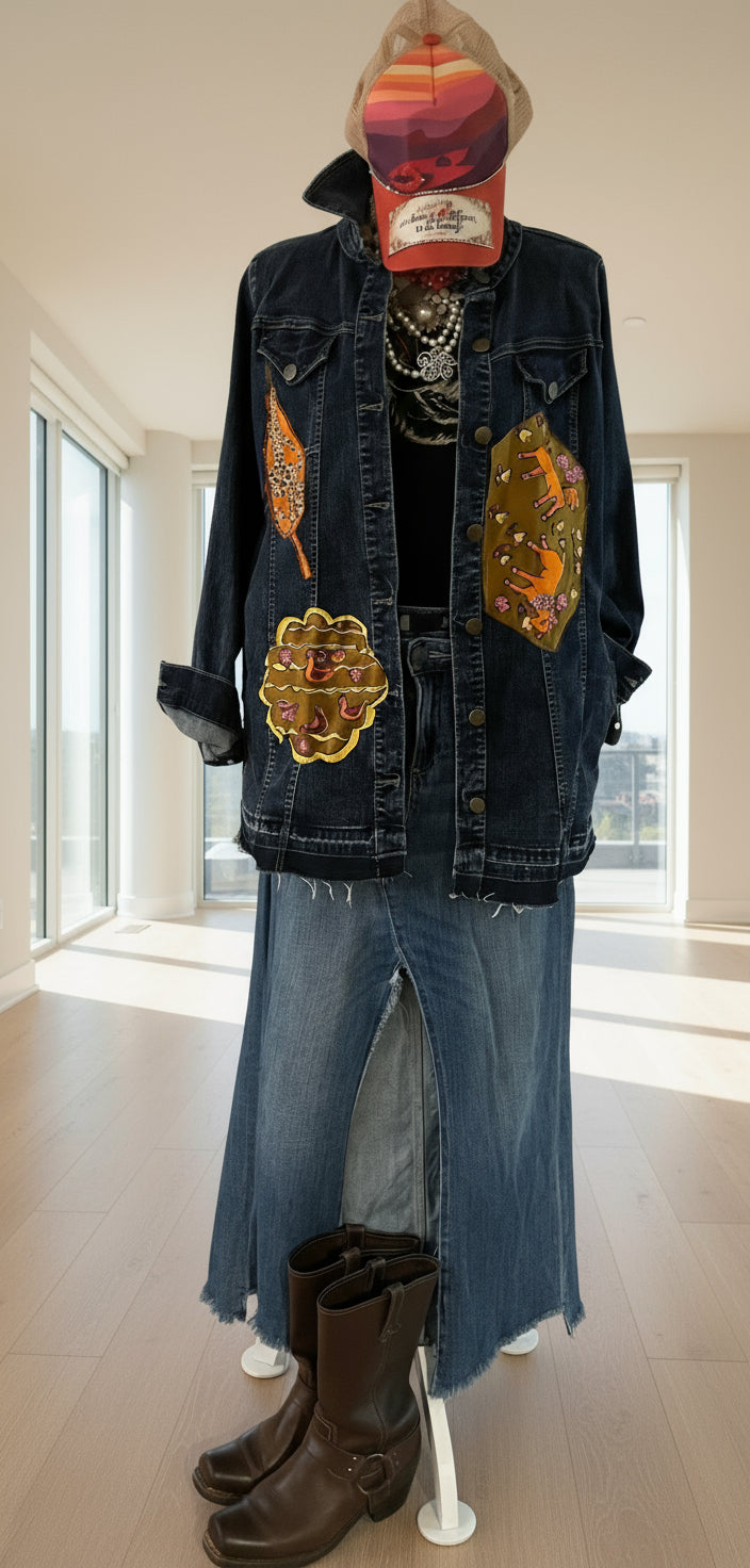 Denim jacket with colorful patches on a mannequin 
