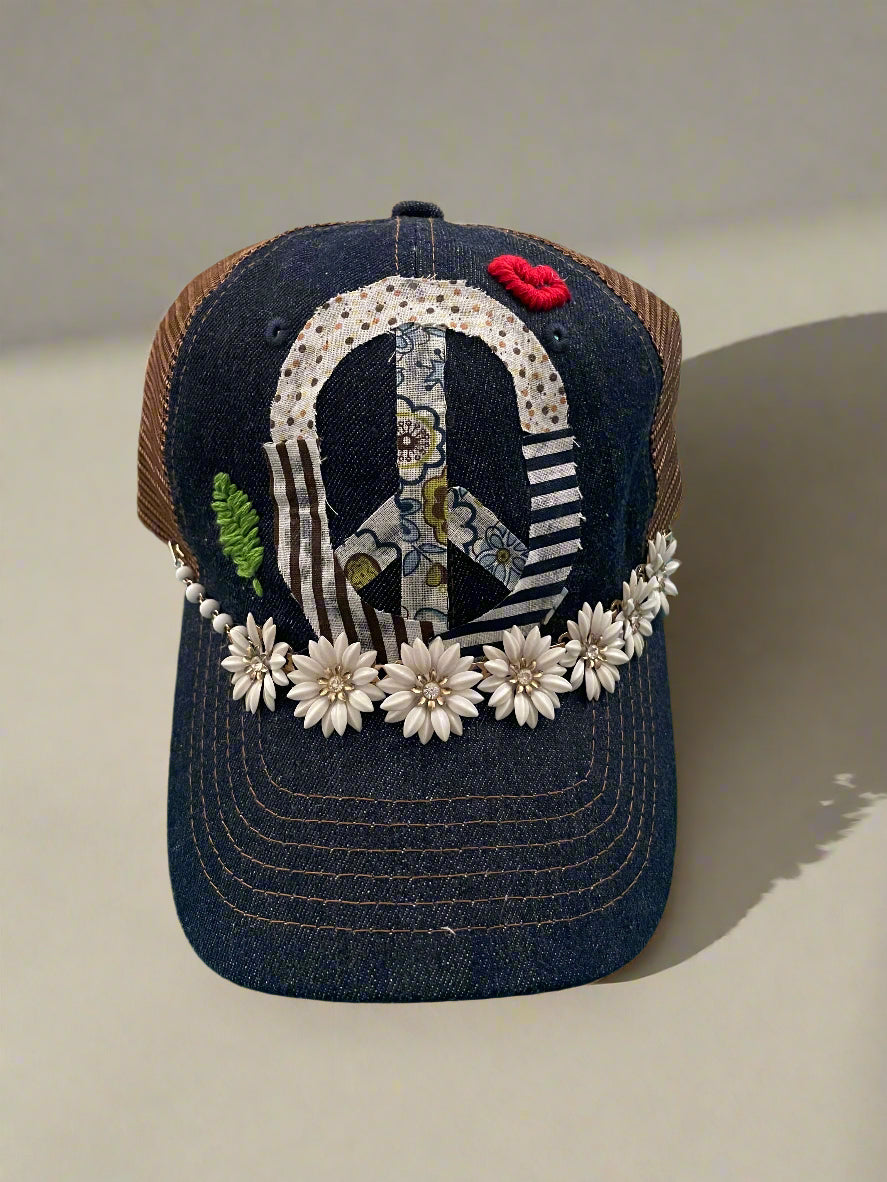 denim mesh snap back hat w/PEACE SIGN