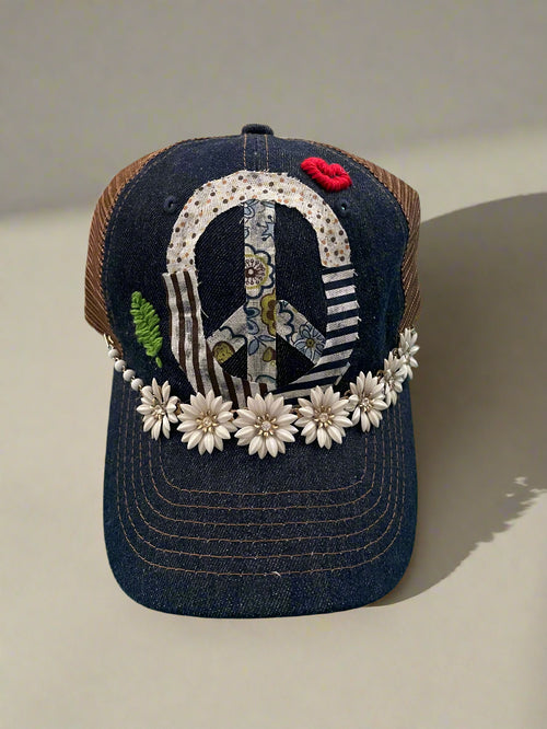 denim mesh snap back hat w/PEACE SIGN