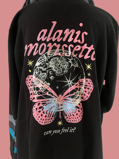 Black sweatshirt with Alanis Morissette pink butterfly design 
