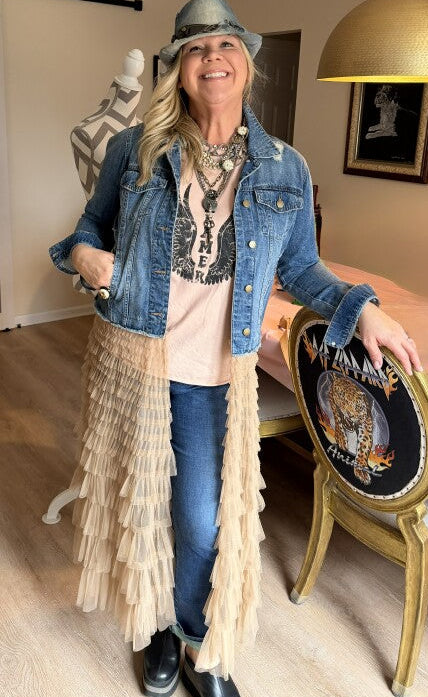 denim and long sheer maxi JKT w/bling BEE